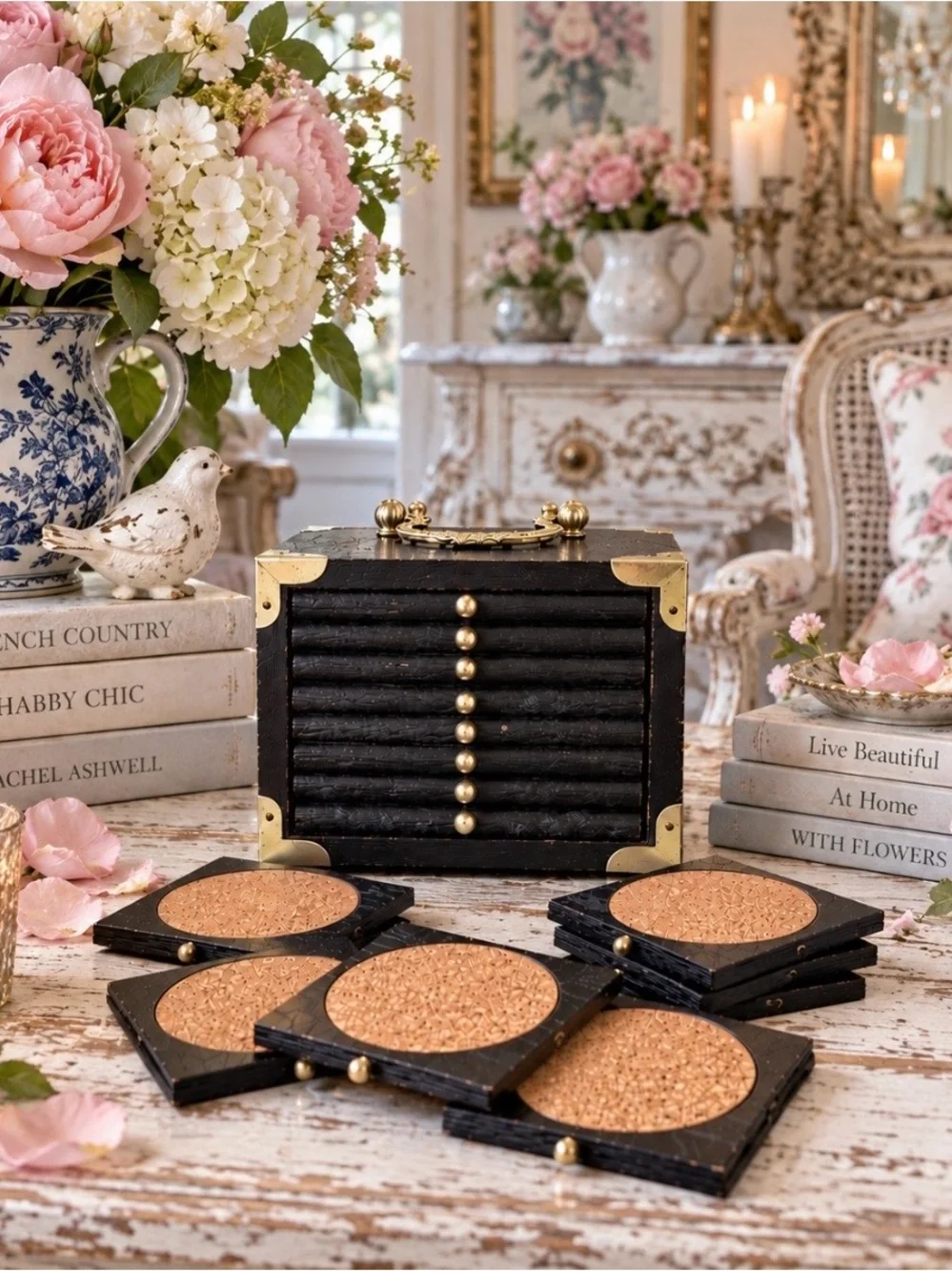 Vintage Chinoiserie Black Lacquer 8 Pc Coaster Set Brass Storage Box
